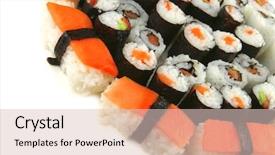  Presentation with sushi - Beautiful PPT theme featuring huge plate of mixed sushi types over white backdrop and a lemonade colored foreground