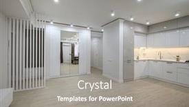  Presentation with kitchen furniture - PPT layouts featuring huge-white-empty-room-connected background and a gray colored foreground
