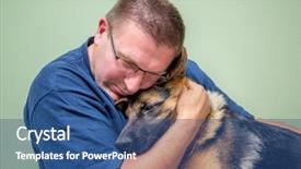  Presentation with dog - Audience pleasing presentation theme consisting of hugging and consolating his dog backdrop and a ocean colored foreground