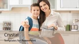  Presentation with school - PPT layouts featuring hugging her son before school background and a coral colored foreground