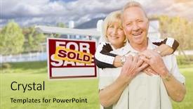  Presentation with active seniors senior couple - Theme having hugging in front of sold background and a yellow colored foreground