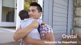  Presentation with steps - Slide deck consisting of hugging son sitting on steps background and a violet colored foreground