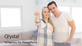  Presentation with young happy couple - PPT theme with hugging while showing a key background and a light gray colored foreground