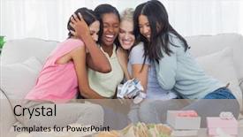  Presentation with gifts - Amazing slide set having friends offering gifts and hugging backdrop and a coral colored foreground