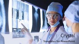  Presentation with women in media - Slide set consisting of human anatomy tomography - two female women medical doctors background and a  colored foreground