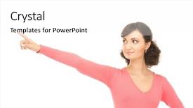  Presentation with finger - Beautiful PPT theme featuring humans arm - picture of attractive businesswoman pointing backdrop and a  colored foreground