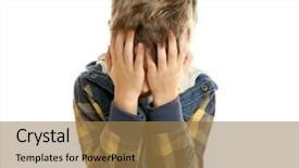  Presentation with hands and face - Colorful PPT theme enhanced with human behaviour - little upset boy covering face backdrop and a coral colored foreground