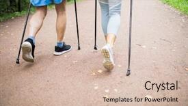  Presentation with old couple walking - Theme with human being - legs of mature active couple background and a lemonade colored foreground