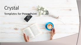  Presentation with wooden desk cup - PPT layouts having human books - female hands holding open book background and a white colored foreground