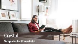  Presentation with 3d man sitting question mark - Presentation design with human books - handsome bearded young man sitting background and a tawny brown colored foreground