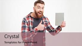  Presentation with cheerful - Beautiful presentation theme featuring human books - happy cheerful young man backdrop and a  colored foreground