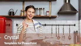  Presentation with recipe book - PPT layouts with human books - happy young woman standing background and a coral colored foreground