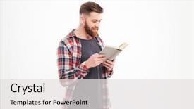  Presentation with reading - Colorful slide set enhanced with human books - smiling bearded man in plaid backdrop and a light gray colored foreground