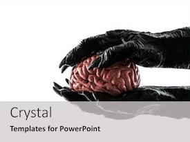  Presentation with brain - Presentation theme consisting of human-brain-in-monster-hands background and a light gray colored foreground