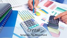  Presentation with business calculator - PPT theme with human capital - hand with calculator finance background and a light blue colored foreground