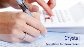  Presentation with courier business finance analysis - Amazing PPT layouts having human capital - hand with calculator finance backdrop and a sky blue colored foreground