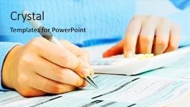  Presentation with accounting - Presentation enhanced with human capital - hands of accountant with calculator background and a arctic colored foreground