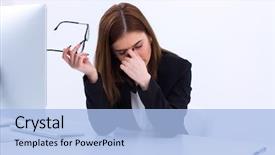 Presentation with eyes - Beautiful presentation theme featuring human collapse - tired businesswoman rubbing her eyes backdrop and a light blue colored foreground