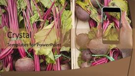  Presentation with grocery store - Slides enhanced with human commonication - digital composite of hand taking background and a  colored foreground