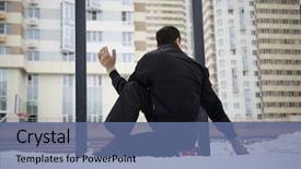  Presentation with office ergonomics man worker exercising - Slide deck consisting of human commonication - man does yoga exercises background and a ocean colored foreground