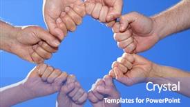  Presentation with peoples - Presentation theme having human commonication - various peoples hands in front background and a teal colored foreground