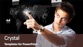  Presentation with high tech - Amazing PPT theme having businessman pressing high tech type backdrop and a tawny brown colored foreground