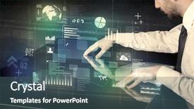  Presentation with desk - Presentation theme consisting of businessman touching interactive modern desk background and a ocean colored foreground