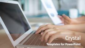  Presentation with diagram - Audience pleasing PPT theme consisting of human computer interaction - close-up of business person use backdrop and a coral colored foreground