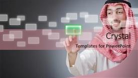  Presentation with virtual - Amazing PPT theme having computer arabic - young arab pressing virtual buttons backdrop and a coral colored foreground