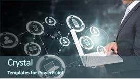  Presentation with community - Beautiful theme featuring human connections - businessman holding laptop against community backdrop and a ocean colored foreground