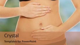  Presentation with being a single woman - PPT layouts enhanced with human digestion - young woman touching her belly background and a coral colored foreground