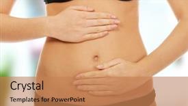  Presentation with being a single woman - Presentation theme with human digestion - young woman touching her belly background and a coral colored foreground