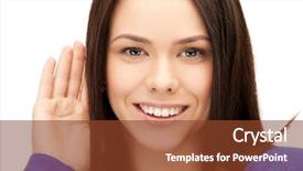  Presentation with human ear - Cool new PPT layouts with human ear - bright picture of happy woman backdrop and a tawny brown colored foreground