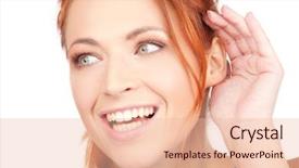  Presentation with human ear - Amazing presentation design having human ear - bright picture of young woman backdrop and a  colored foreground