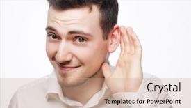  Presentation with young business people - Presentation having human ear - business success and people concept background and a coral colored foreground