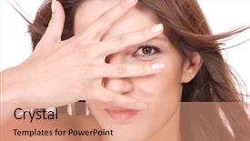  Presentation with close up of young girls - PPT layouts consisting of human ear - closeup portrait of a happy background and a coral colored foreground