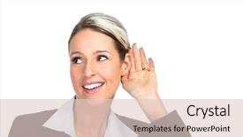  Presentation with listening woman - Presentation theme featuring human ear - happy business woman listening isolated background and a lemonade colored foreground