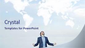  Presentation with world map - Colorful presentation theme enhanced with glass sphere plant - handsome businessman and cloud world backdrop and a sky blue colored foreground