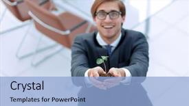  Presentation with sprout - Audience pleasing theme consisting of young businessman showing green sprout backdrop and a light blue colored foreground