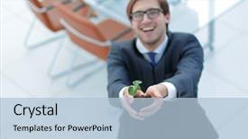  Presentation with sprout - Cool new slides with young businessman showing green sprout backdrop and a light blue colored foreground