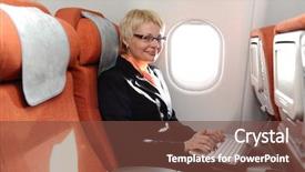  Presentation with laptop - Cool new presentation theme with human emotion - smiling businesswoman posing with laptop backdrop and a tawny brown colored foreground