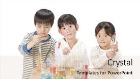  Presentation with testing - Colorful slide deck enhanced with human experimentation - children testing it backdrop and a  colored foreground