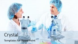  Presentation with scientific research - Presentation theme enhanced with human experimentation - scientific laboratory workers medical research background and a light blue colored foreground