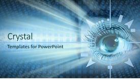  Presentation with human eye - Presentation design featuring human eye collage over technology background and a light blue colored foreground