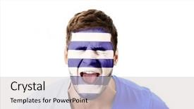  Presentation with green officebuilding man - Presentation design enhanced with human eye colourful world - screaming man with greece flag background and a  colored foreground