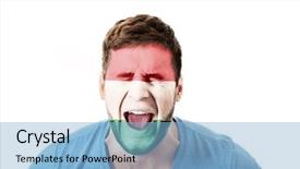  Presentation with world flag - Colorful presentation design enhanced with human eye colourful world - screaming man with hungary flag backdrop and a light blue colored foreground