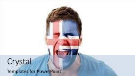  Presentation with world flag - Colorful presentation design enhanced with human eye colourful world - screaming man with iceland flag backdrop and a light blue colored foreground