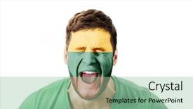  Presentation with happy sad face man - Cool new slide deck with human eye colourful world - screaming man with lithuania flag backdrop and a  colored foreground