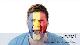  Presentation with romania - Slide set enhanced with human eye colourful world - screaming man with romania flag background and a light blue colored foreground