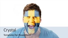  Presentation with happy sad face man - Presentation consisting of human eye colourful world - screaming man with sweden flag background and a light blue colored foreground